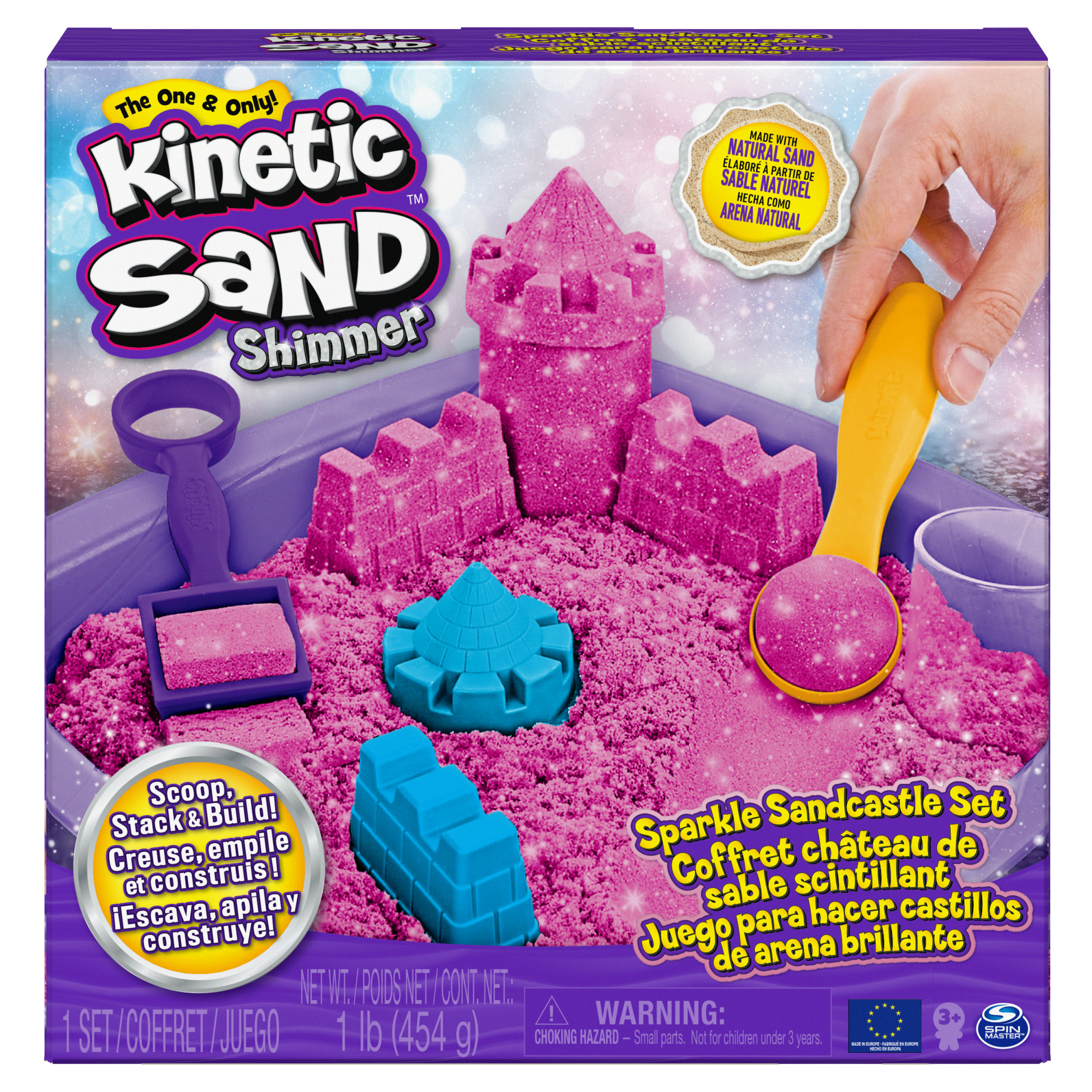 Kinetic Sand, Castello di Sabbia Shimmer, Sabbia cinetica 454gr, Sabbia  magica, Sabbia colorata glitterata rosa, 3 accessori e vaschetta inclusi